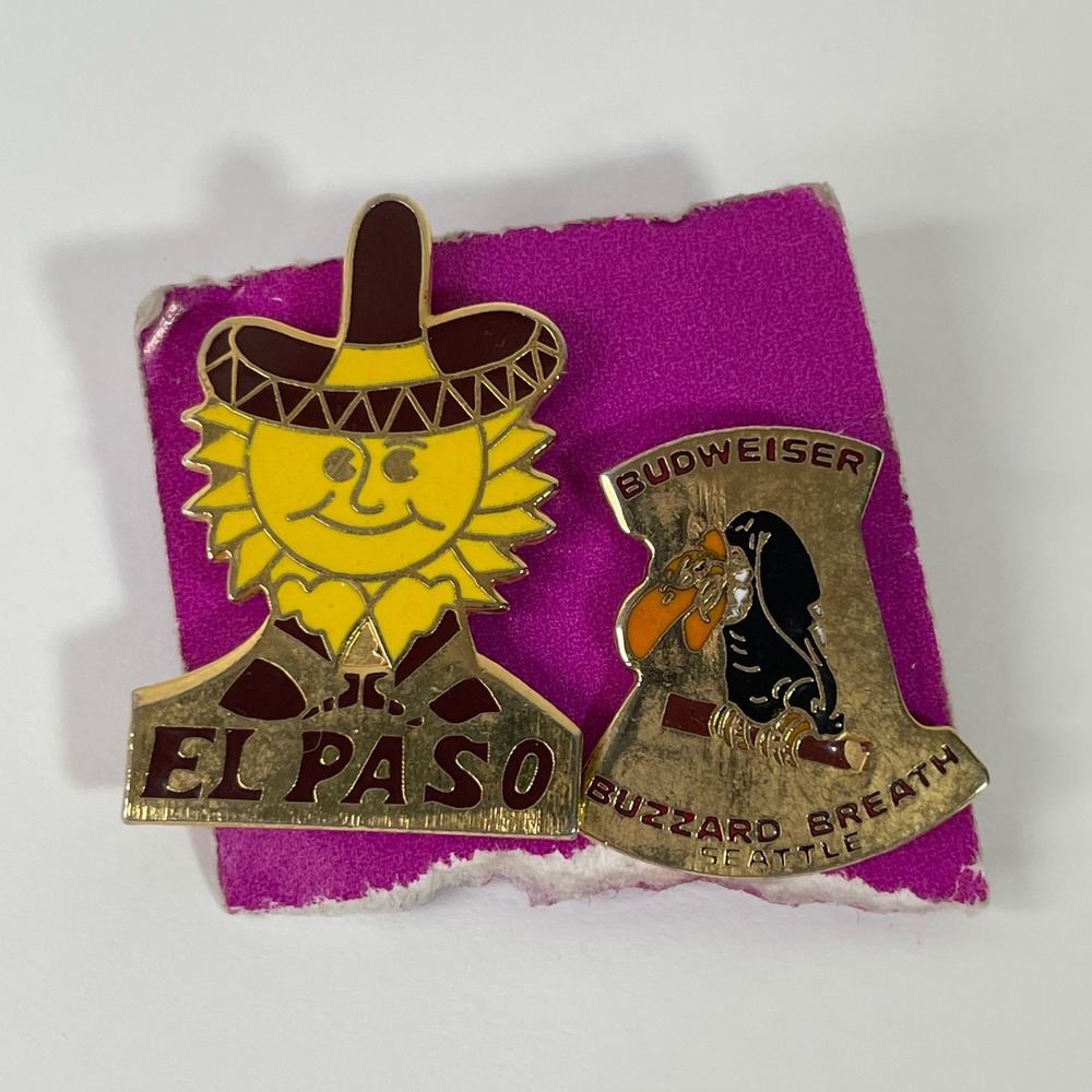 Vintage El Paso Sun Sombrero & Budweiser Buzzard Breath Seattle Enamel Pins Lot